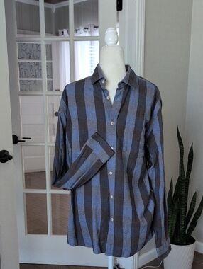 Barney Cools Men's Blue Plaid Flannel Button-Up Shirt Large